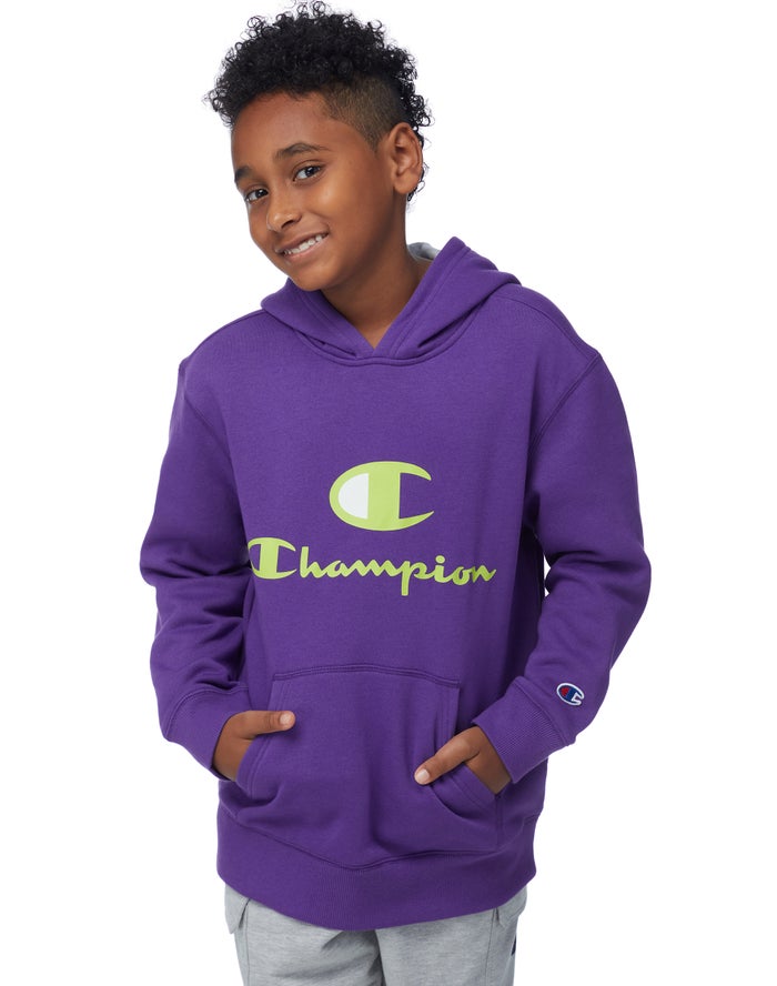 Champion Drenge Hættetrøje Lilla - Fleece C + Script Logos - Danmark GUF-916357